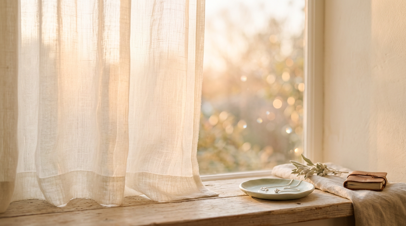 Warm morning light over a peaceful memorial jewelry scene