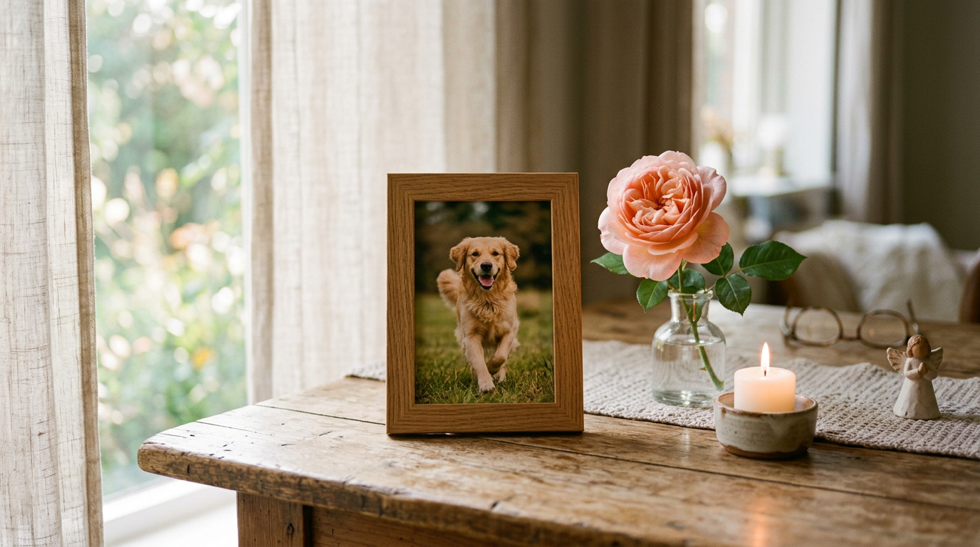 Pet memorial still life: framed photo, rose, and soft window light
